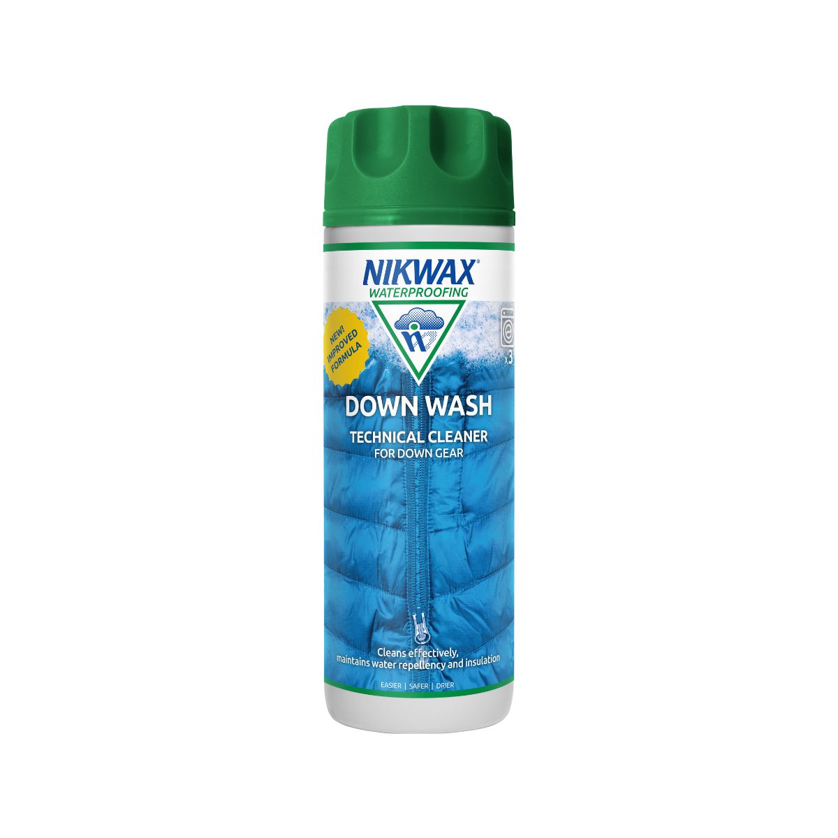 300 ml bottle of Nikwax Down Wash. Bottle is white with a green lid. Label features a close up of a zipper on a blue puffer jacket.