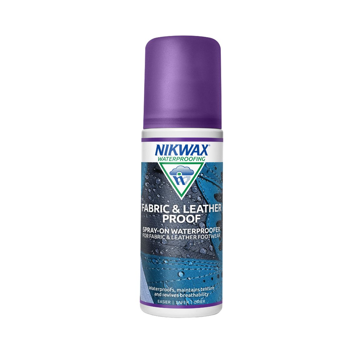 125ml bottle of Nikwax Fabric & Leather Proof Spray On. Bottle is white with a purple lid. Label features close up of a dark blue show with water pooling on the surface.