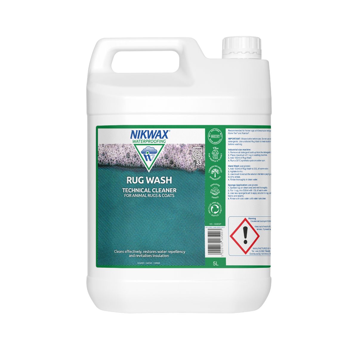 5 litre bottle of Nikwax Rug Wash. Bottle is white with a white lid. Label features a close up of green fabric with bubbles off to the left.