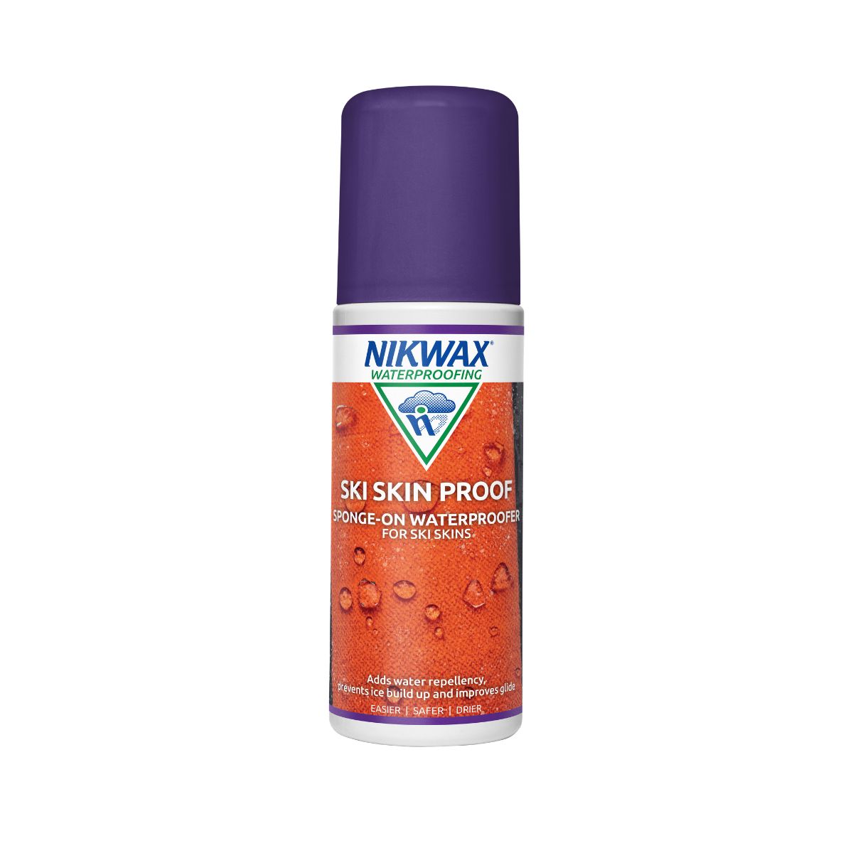 125ml bottle of Nikwax Ski Skin Proof. Bottle is white with a purple lid. Label features close up of yellow fabric with water pooling on the surface.