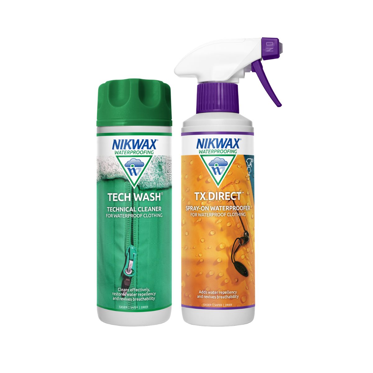 300ml bottle of Nikwax Tech Wash on the left, and 300ml spray bottle of Nikwax TX Direct on the right. The Tech Wash bottle is white with a green lid and a label showing an image of a front loading washing machine full of outdoor clothing. The TX Direct bottle is white with a purple and white spray cap and a label showing a close up of a yellow jacket with water beading on the surface.