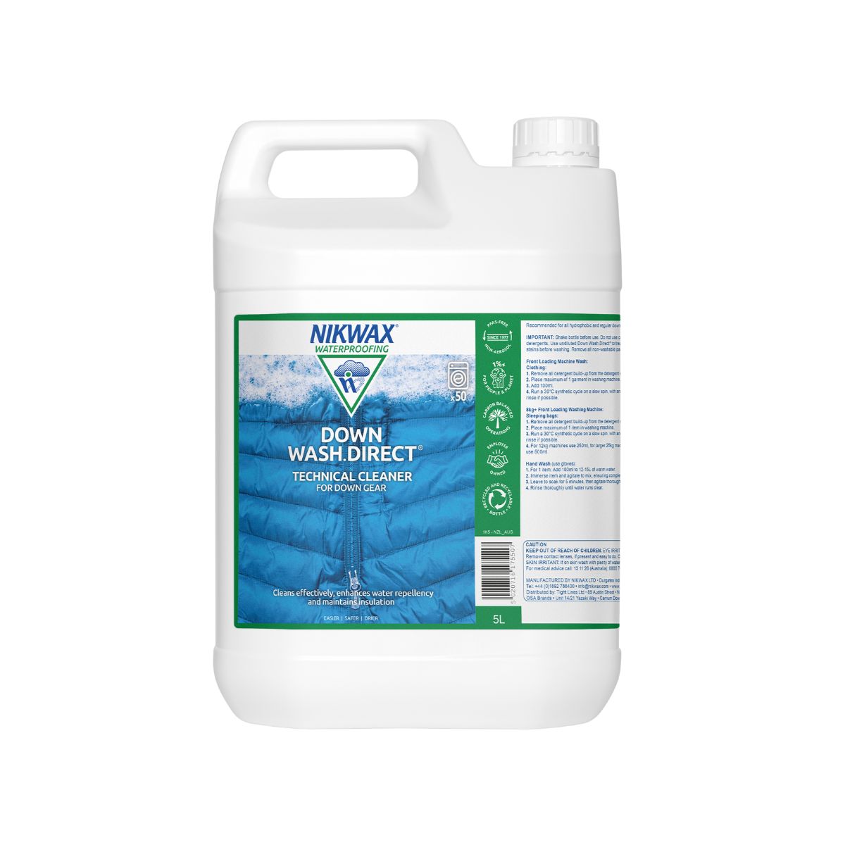 5 litre bottle of Nikwax Down Wash. Bottle is white with a white lid. Label features a close up of a zipper on a blue puffer jacket.