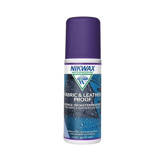 125ml bottle of Nikwax Fabric & Leather Proof Sponge on. Bottle is white with a purple lid. Label features close up of a dark blue show with water pooling on the surface.
