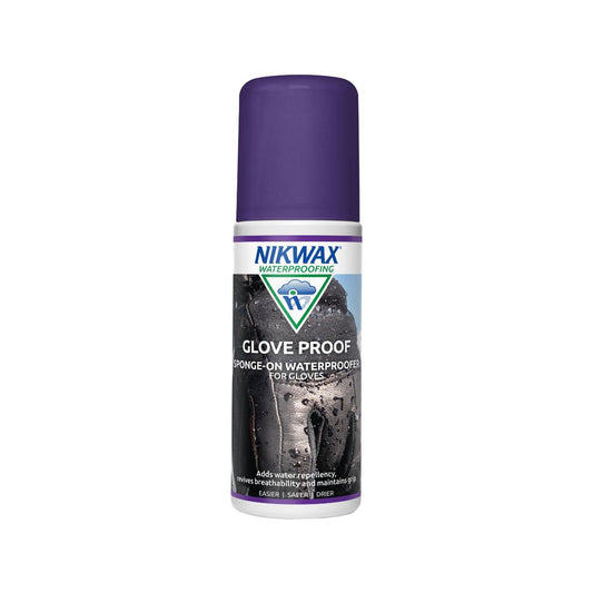 125ml bottle of Nikwax Glove Proof. Bottle is white with a purple lid. Label features a close up of a ski glove with water pooling on the surface.