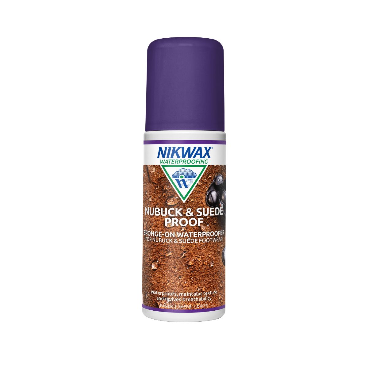 125ml bottle of Nikwax Nubuck & Suede Proof sponge on. Bottle is white with a purple lid. Label features close up of some tan leather with water pooling on the surface.
