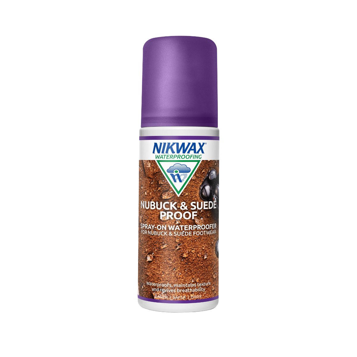 125ml bottle of Nikwax Nubuck & Suede Proof spray on. Bottle is white with a purple lid. Label features close up of some tan leather with water pooling on the surface.
