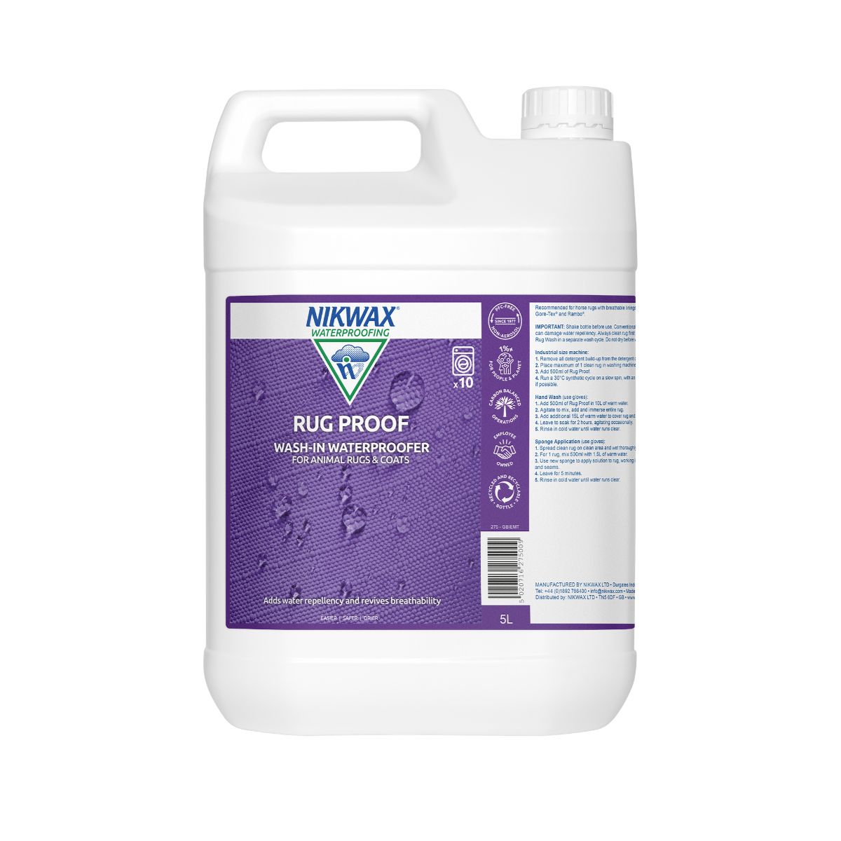 5 litre bottle of Nikwax Rug proof. Bottle is white with a white lid. Label features close up of purple fabric with water pooling on the surface.