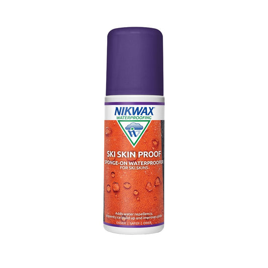 125ml bottle of Nikwax Ski Skin Proof. Bottle is white with a purple lid. Label features close up of yellow fabric with water pooling on the surface.
