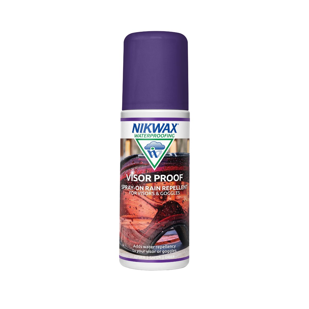 125ml bottle of Nikwax Visor proof spray on. White bottle with a purple lid. Label features a close-up of a ski goggles with beaded water on the lens.
