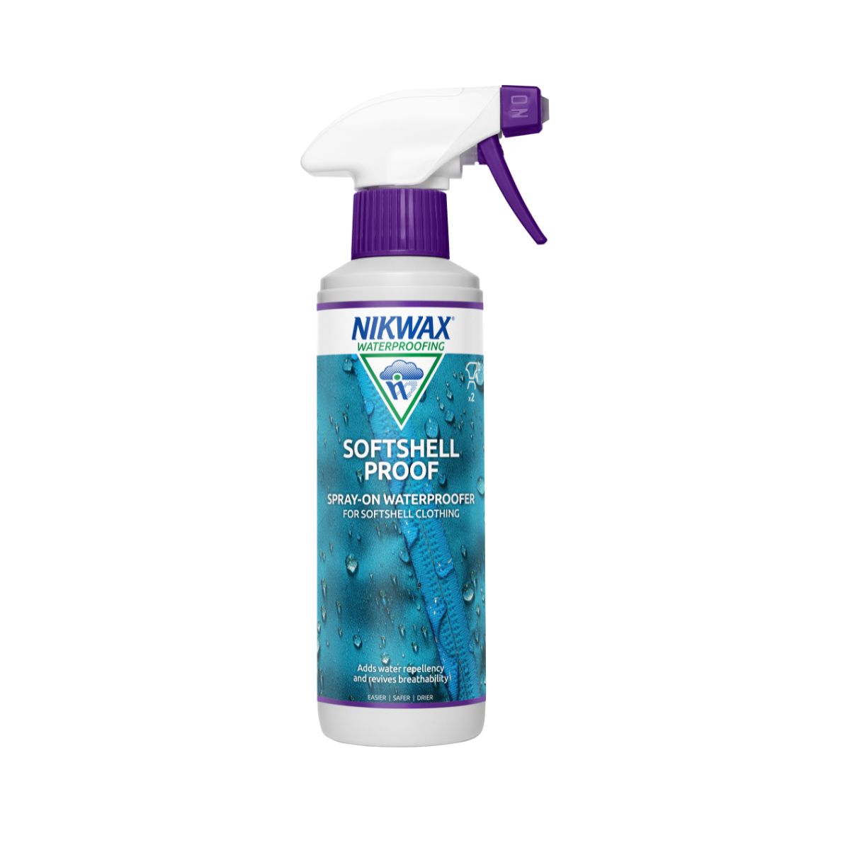 300ml bottle of Softshell Proof spray on. Bottle is white with a spray nozzle that is white and purple. The label features a close up of a teal jacket with water pooling on the surface.